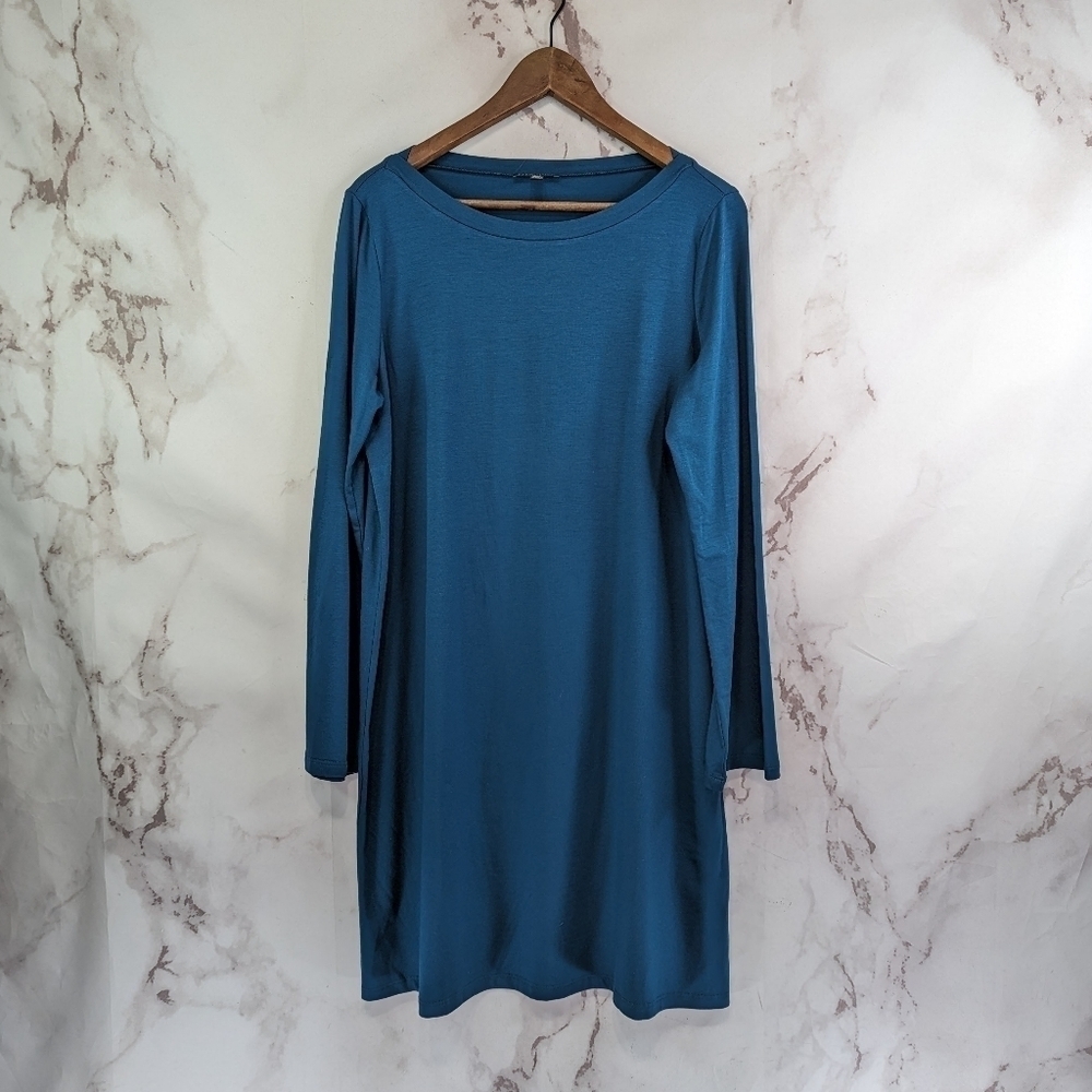 Eileen Fisher Dress Women Large P Blue Knee Tunic Stretch Jersey Boat Tencel